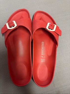 Birkenstock Red Madrid Single Strap EVA Slides with white Buckles